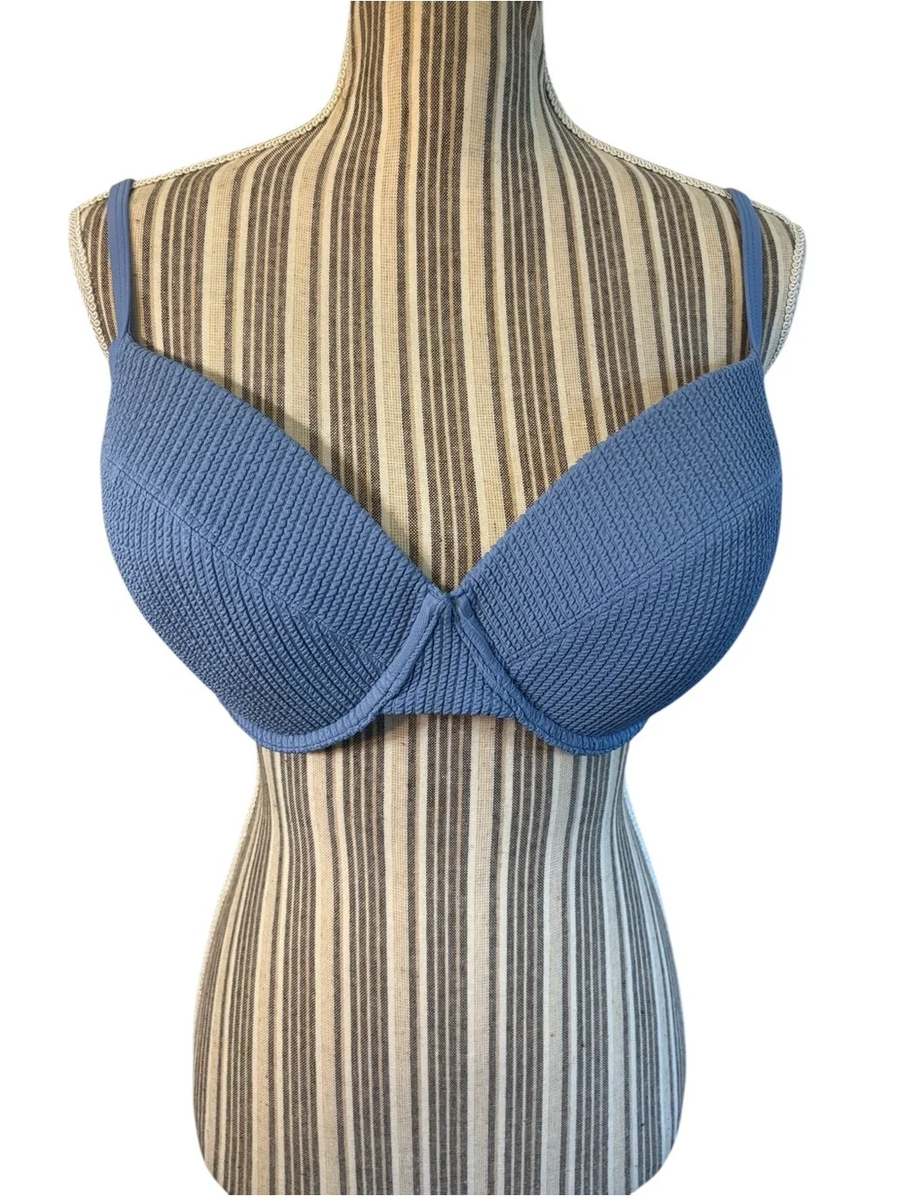 NWT PINK Victoria's Secret Bikini Top L-DD Blue Crinkle TexturePushup Underwire